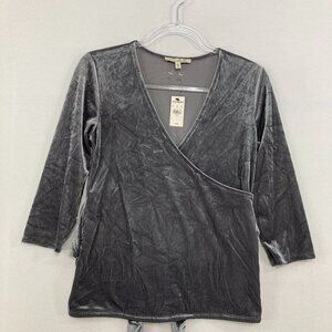 Vintage NWT Express Medium Gray Velvet Stretch Wrap Tie Back Fitted Top Y2K